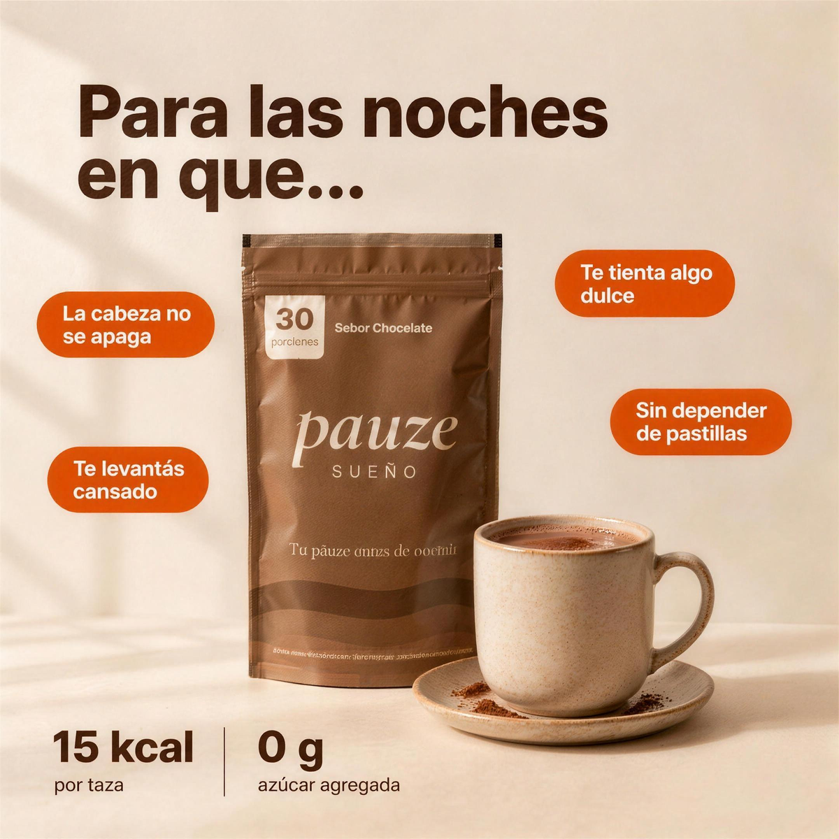 Pauze para las noches en que la cabeza no se apaga, te tienta algo dulce, te levantás cansado o no querés depender de pastillas. 15 kcal por taza, 0 g de azúcar agregada