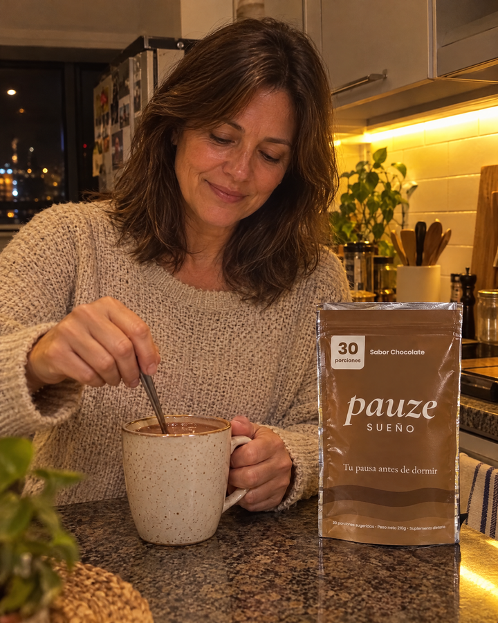 Mujer preparando PAUZE de noche en su cocina