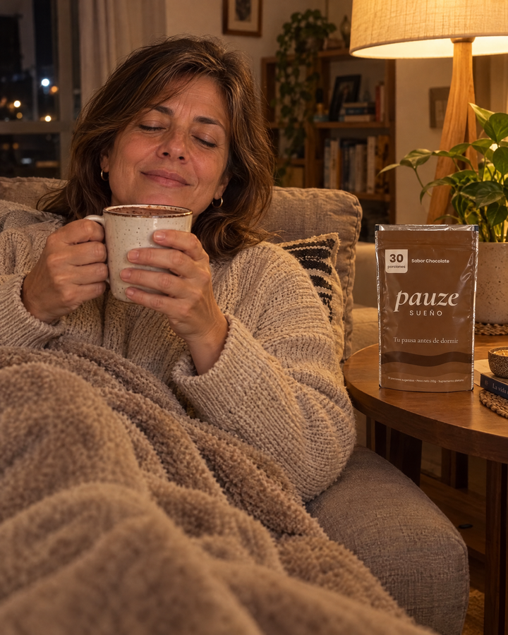 Mujer tomando PAUZE en el sillón