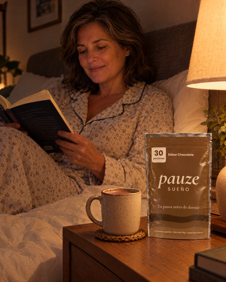 Mujer leyendo en la cama con su taza de PAUZE