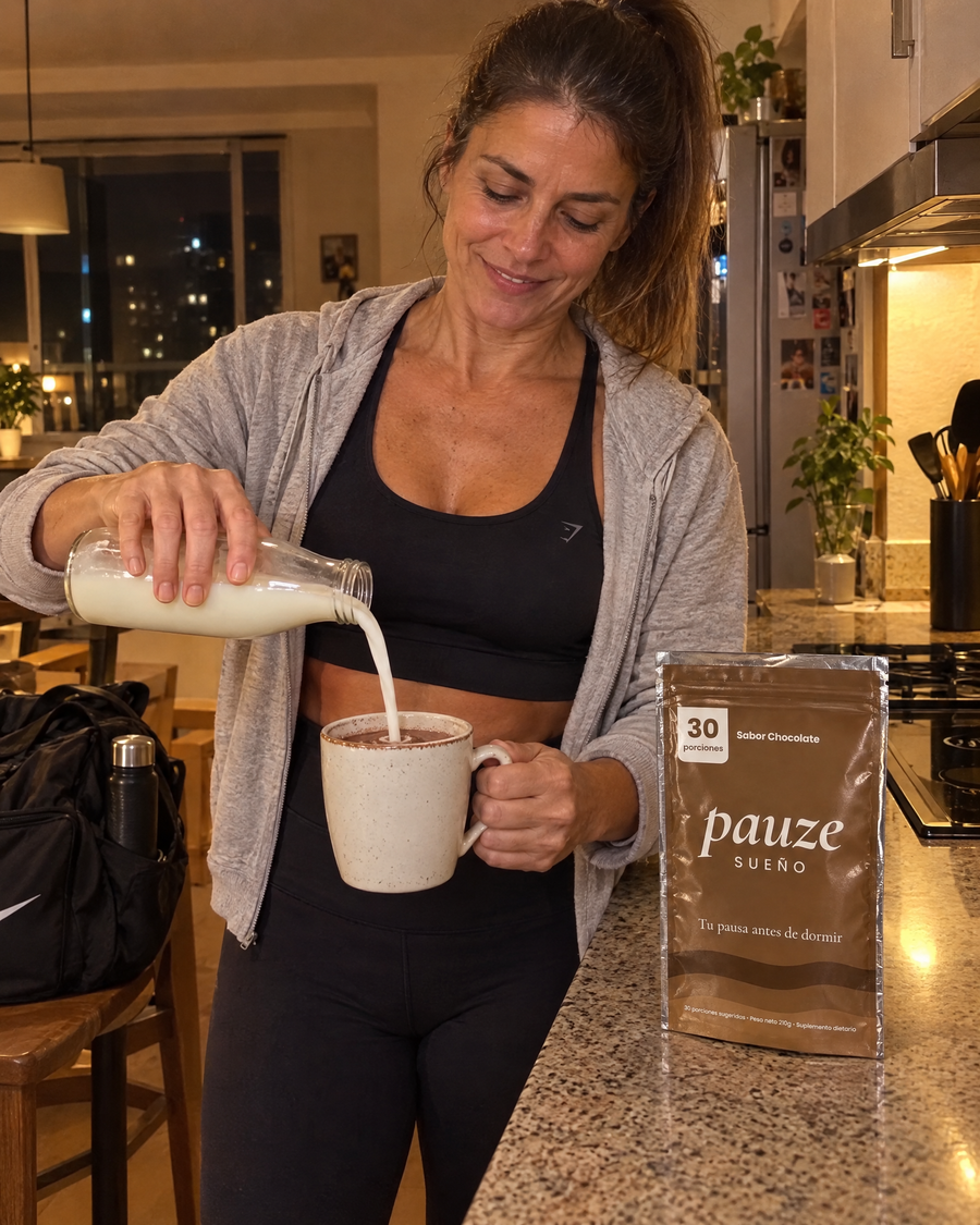 Mujer preparando PAUZE con leche después de entrenar